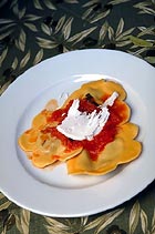 Ravioli Filled with Eggplant & Goat Cheese with heirloom Tomato Sauce & Ricotta Cheese, Olio E. Limone Restaurant